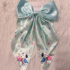 Snoopy Kids Satin Bow Hair Clip with Cartoon Puppy and Hearts - Light Blue